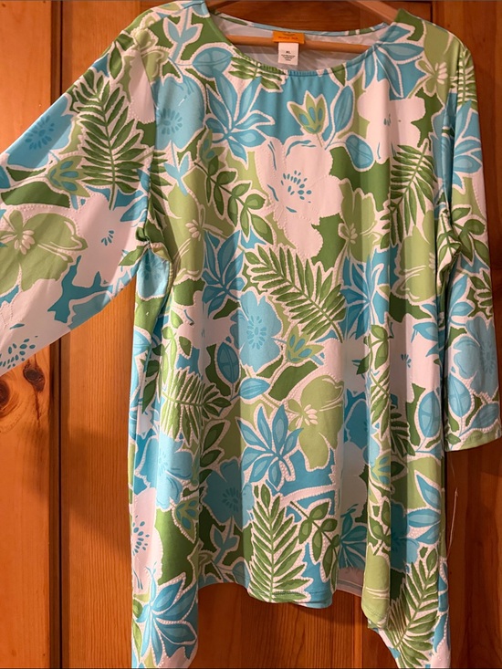 Ruby Rd. Tops - Ruby Rd. Tropical Floral Tunic in Blue Green & White Top XL